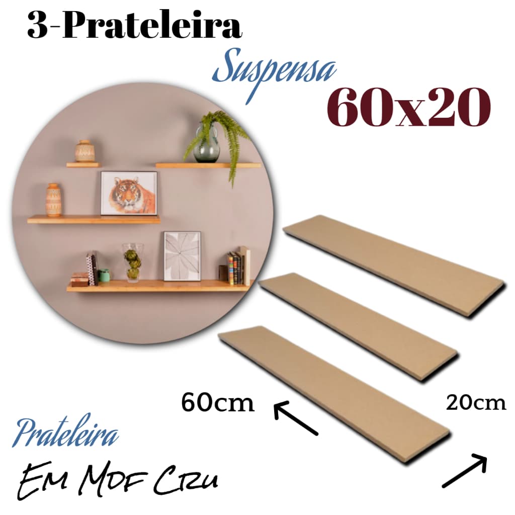 kit 3 Prateleira Em Mdf Cru 60x20cm porta livro para sala quarto ou diversos 100% mdf ENVIO IMEDIATO
