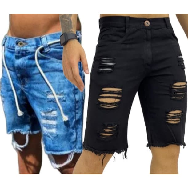 Kit com 2 Bermudas Jeans Masculina Bermuda Jeans Rasgada Clara e Escuras Envio Hoje Shorts com Lycra
