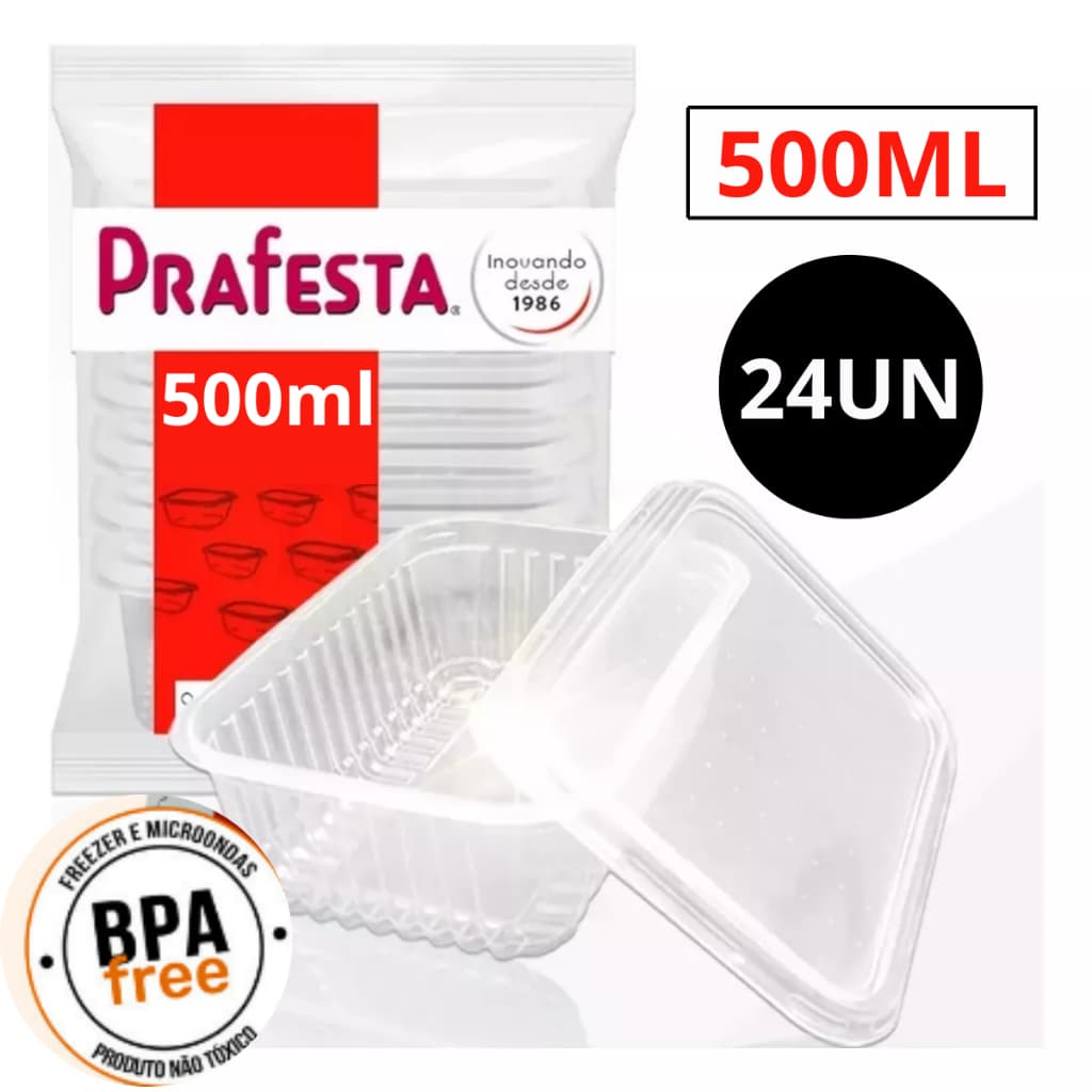 24 Potes Descartáveis 500ml Embalagem Marmita Fitness Dieta Freezer e Microondas Prafesta