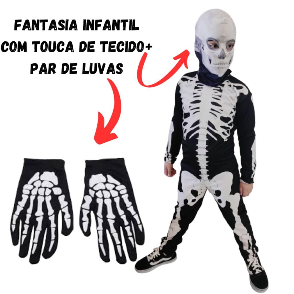 Promoção kit Fantasia Infantil Halloween Longo + Par de Luvas Caveira : Veste 7 a 8 anos