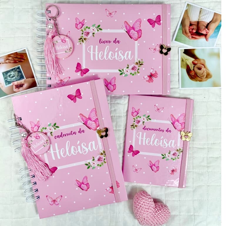 Livro do bebê + Caderneta de Saúde + Porta Documentos. Kit Maternidade Temas Meninas