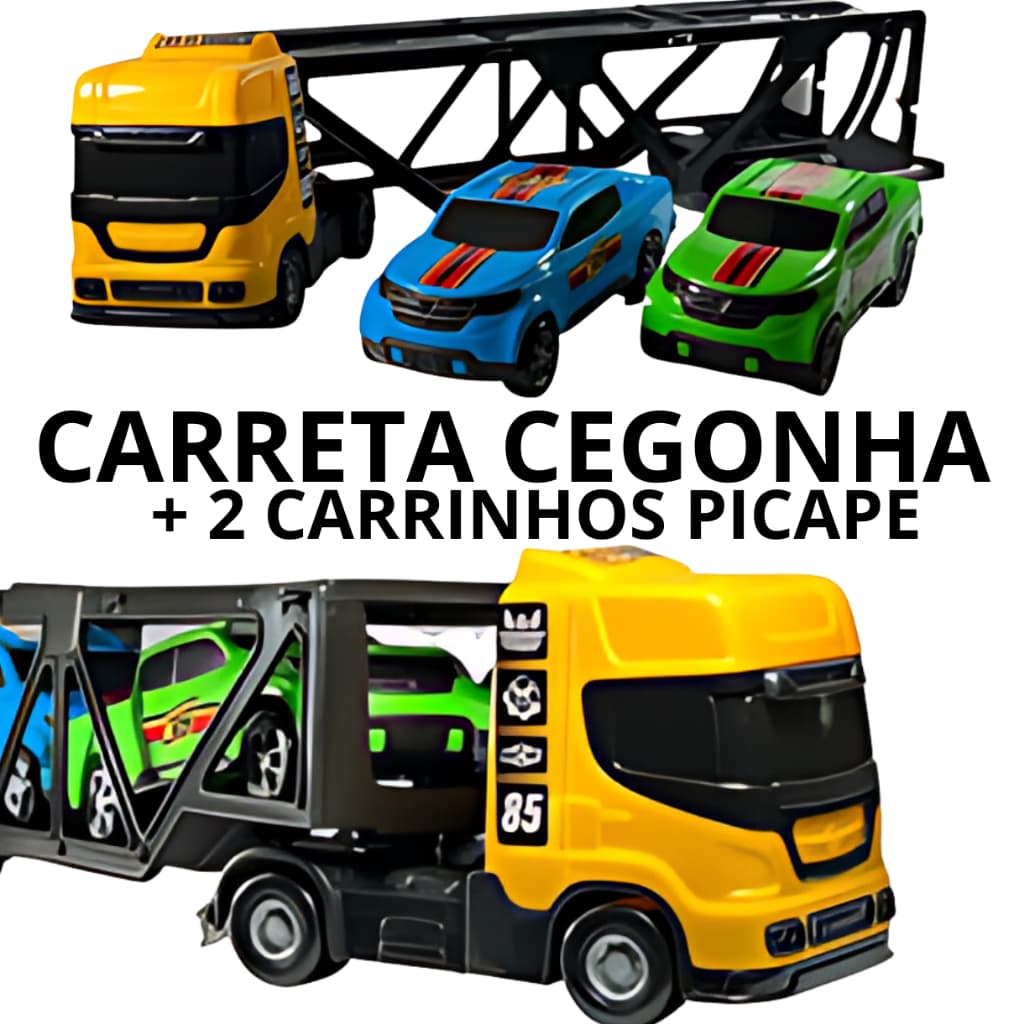 Carreta Caminhão Cegonha + 2 Carrinhos Picape Brinquedo Funcional Menino Carrinho Presente