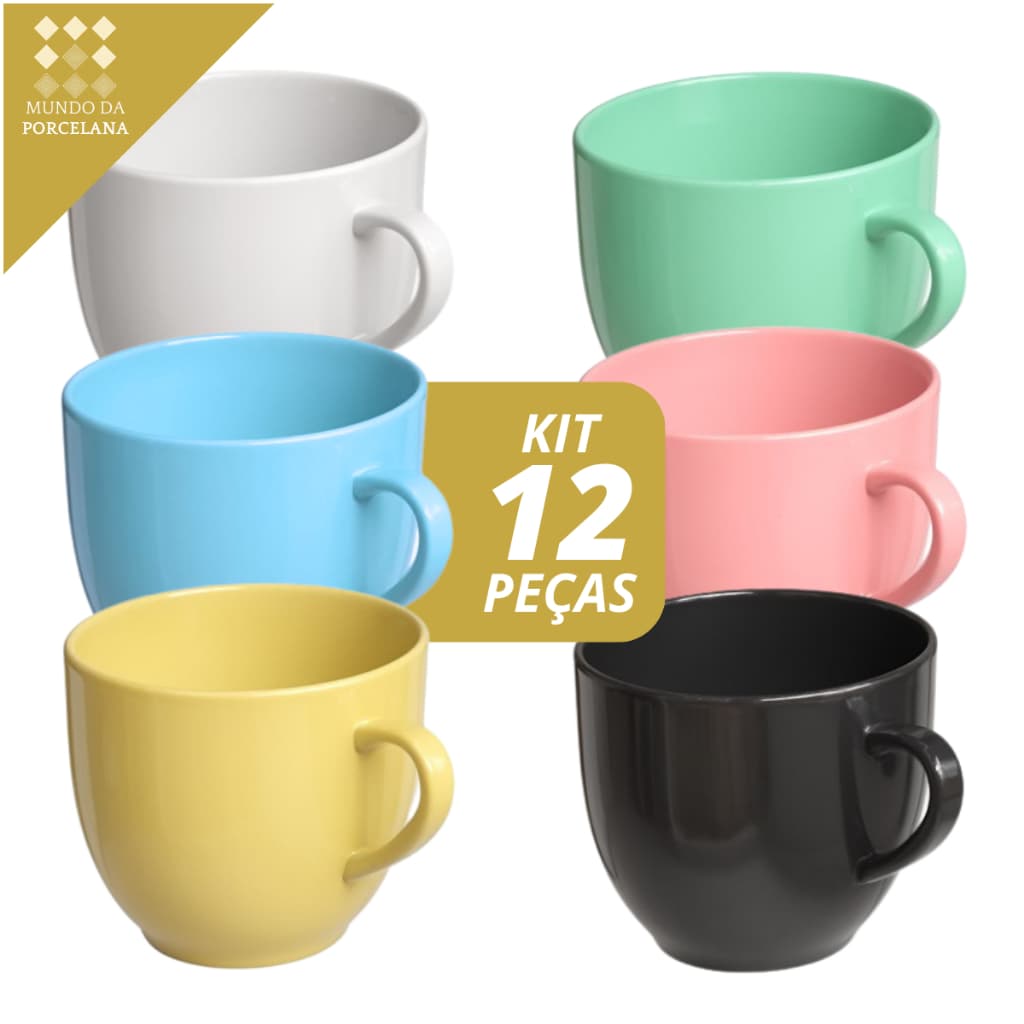 Jogo 12 Xicara Cafe Cha Porcelana Premium 95ml Colorida Chicara Presente