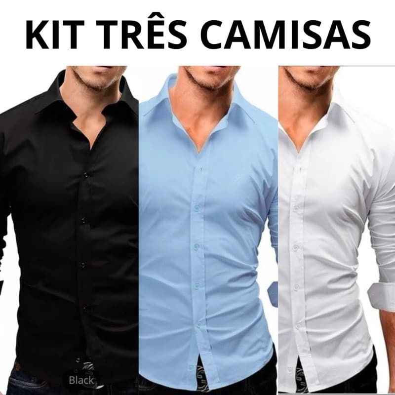 Kit tres camisas social masculina manga longa slim fit Luxo
