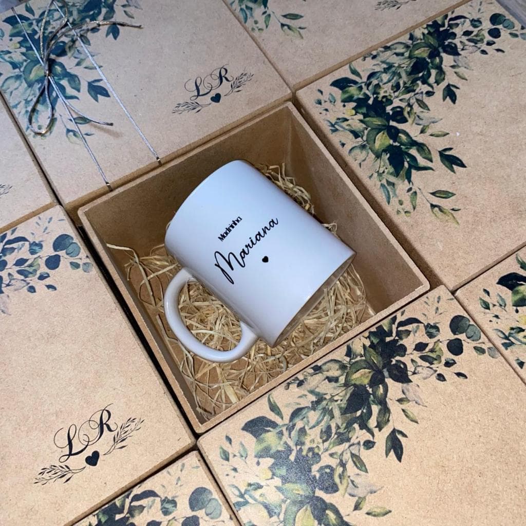 Kit Personalizado Para Padrinhos Casamento Dindos Caixa Folhagem Verde e Caneca 325ml