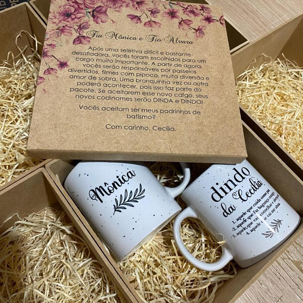 Kit Personalizado Caneca e Caixa Para Dindos Luxo Presente Caixa com 1 Ou 2 Canecas