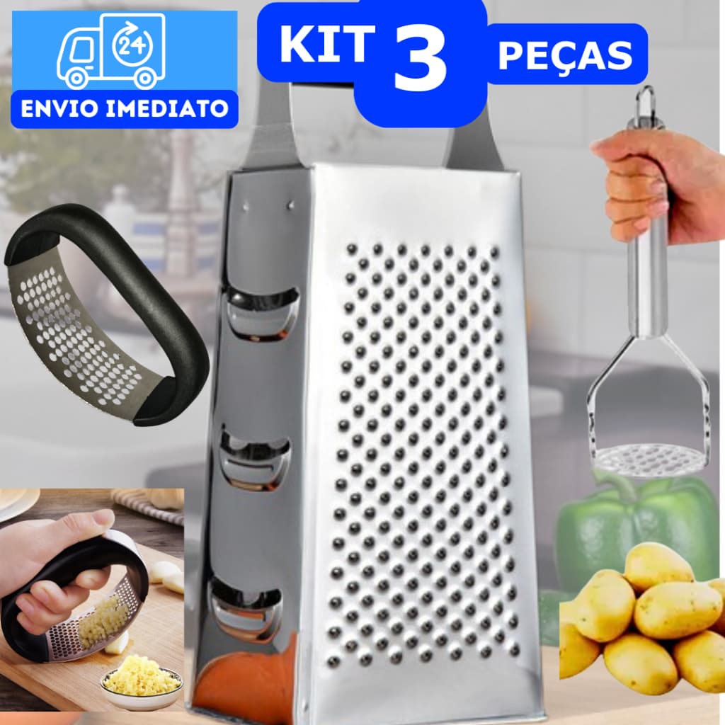 Kit 3 Peças Ralador de Legumes Manual Amassador de Alho Amassador de Batata Casa e Cozinha Utilidades Casa Nova