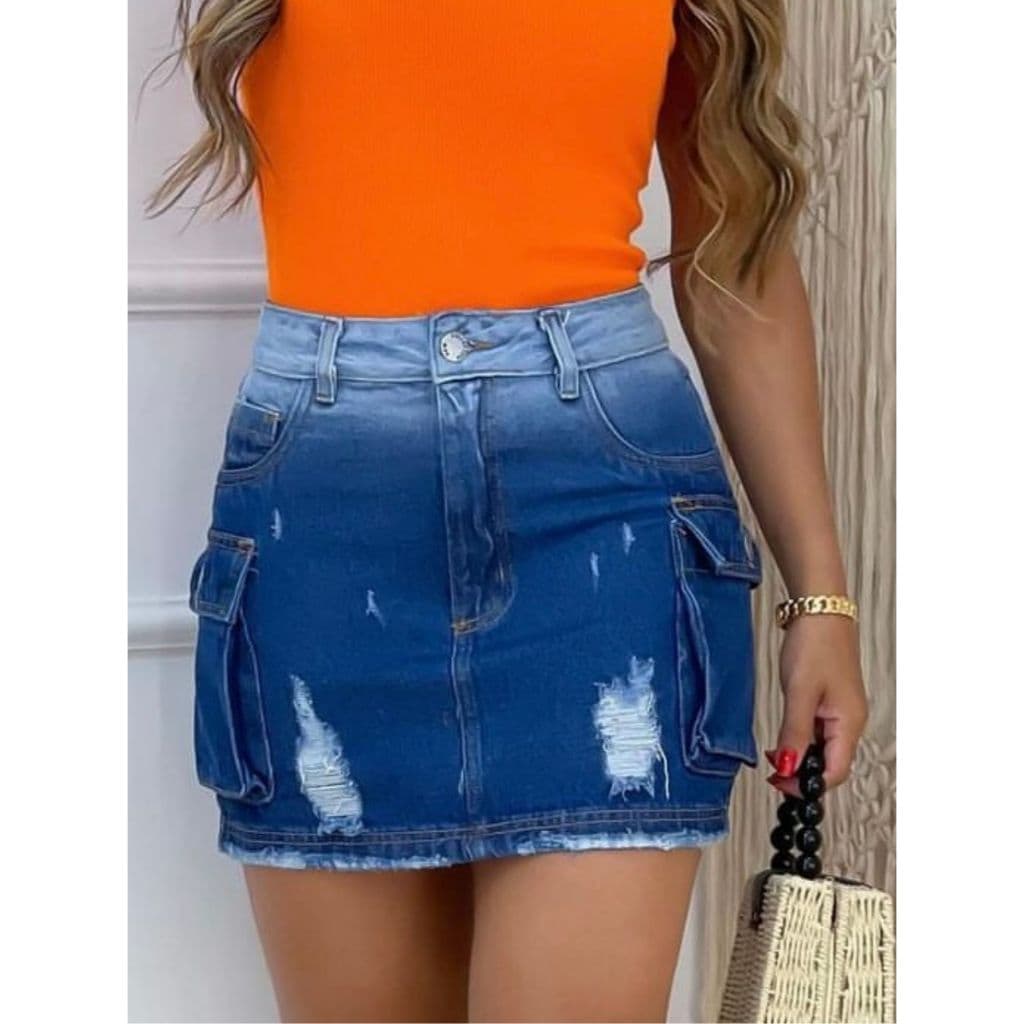 Saia Jeans Feminina Saia Curta Cargo Destroyed com Bolsos