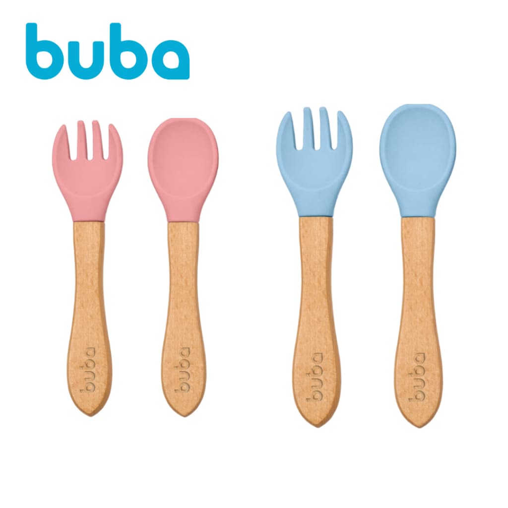 Kit Talheres Azul Rosa Infantil De Silicone E Bambu Infantil Bebê Introdução Alimentar Buba