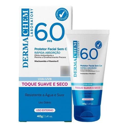 Ptotetor Solar Facial Fps 60 UVA+UVB Resistente a Água DermaChem Rápida Absorção