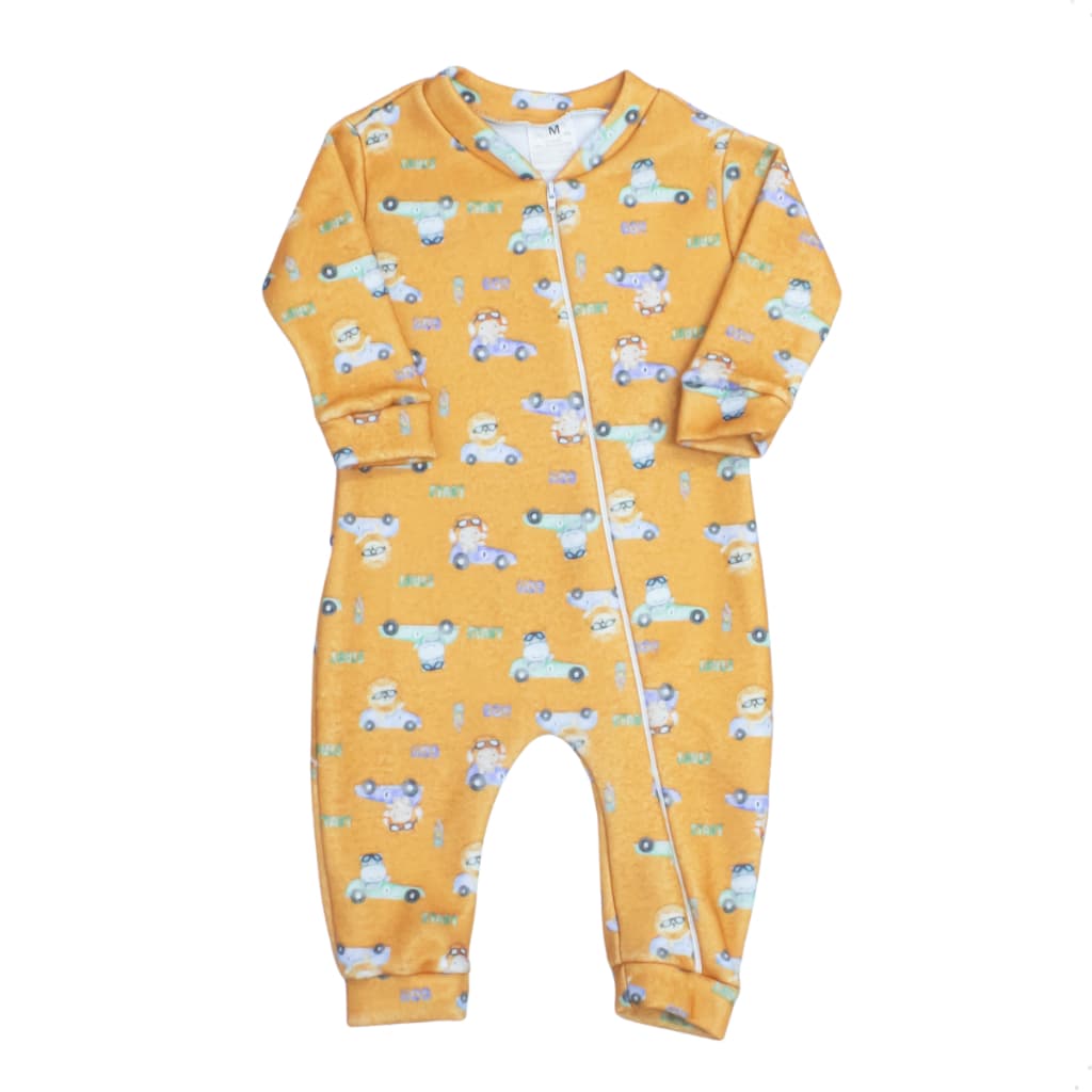 Macacão para Bebê Menino de Zíper em Soft Estampado Corrida Divertida Cores Pijama Inverno Quente