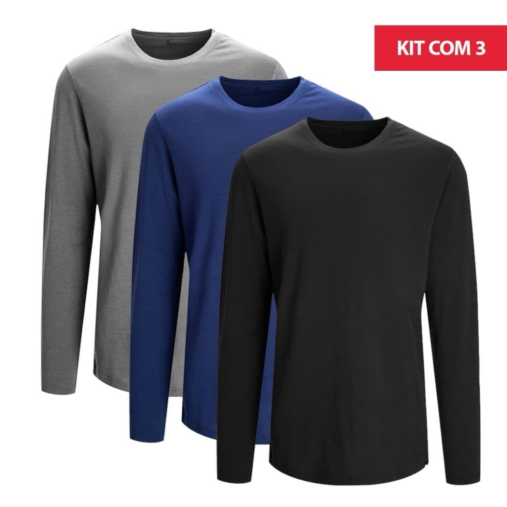 Kit 3 Camisetas Manga Longa Malha Fria Poliester Preto Azul e Cinza Blusa de Frio Inverno Treino Trabalho Casual Festa
