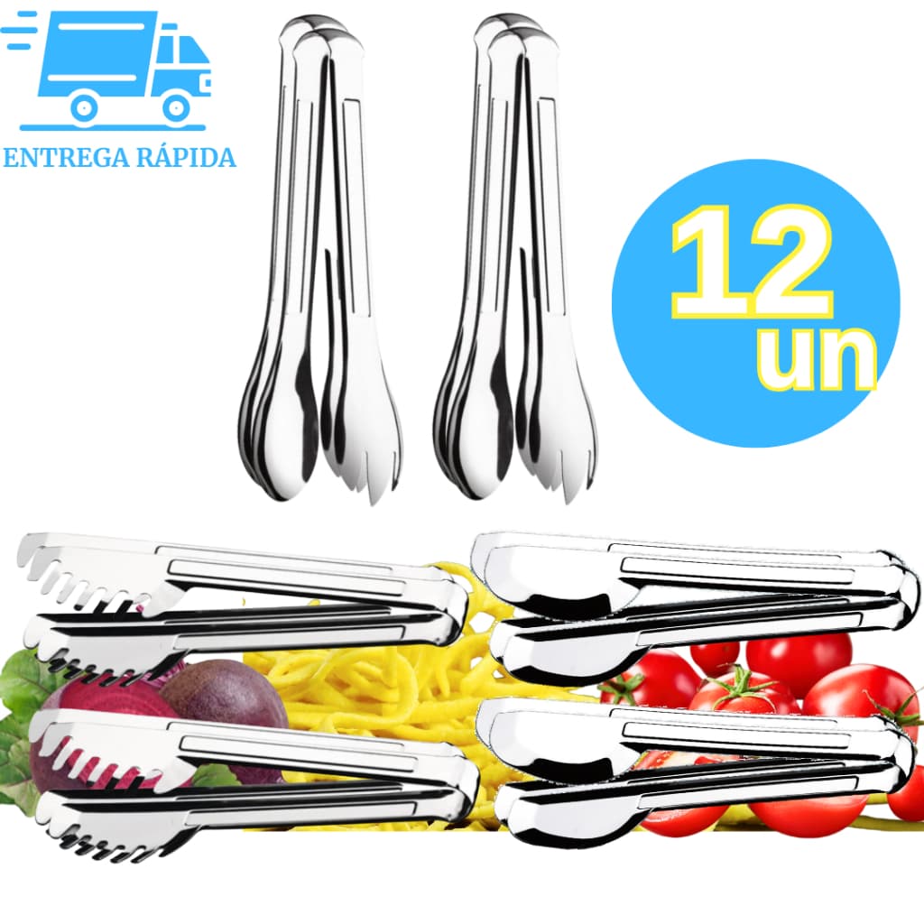Kit 12 Pegador 100% Aço Inox Premium Pegadores 20cm de Massa Salada Universal para Restaurantes