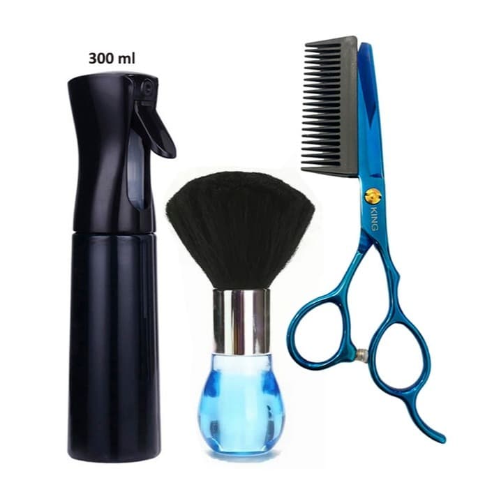 Kit Tesoura Pro Navalha 6.0 c/ Pente Acoplado c/ Borrifador Névoa 300ml + Espanador Croma Azul Premium