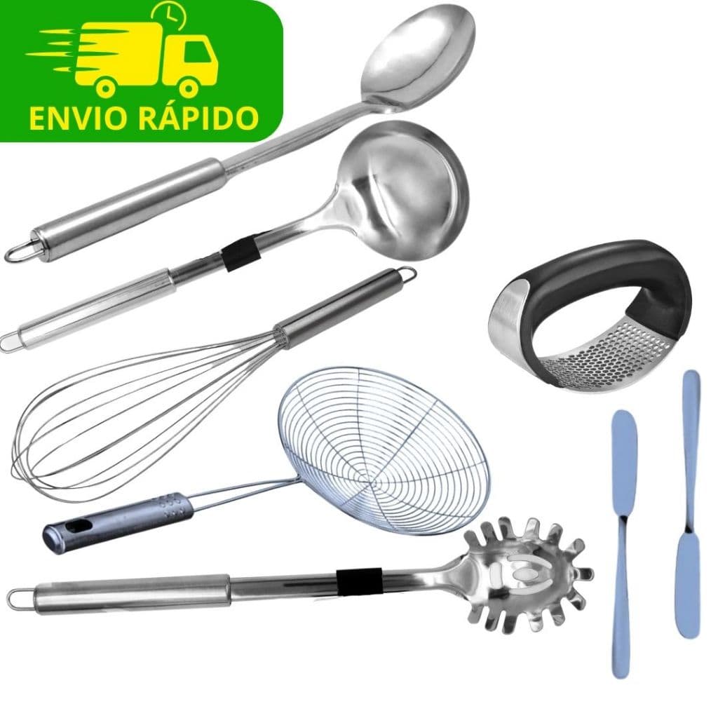 Conjunto 8 Itens Cozinha Profissional de Inox Concha + Escumadeira + Colher de Arroz + Fue D'Casa + Pegador de Massas + Amassador de Alho + 2 Espatulas de Manteiga