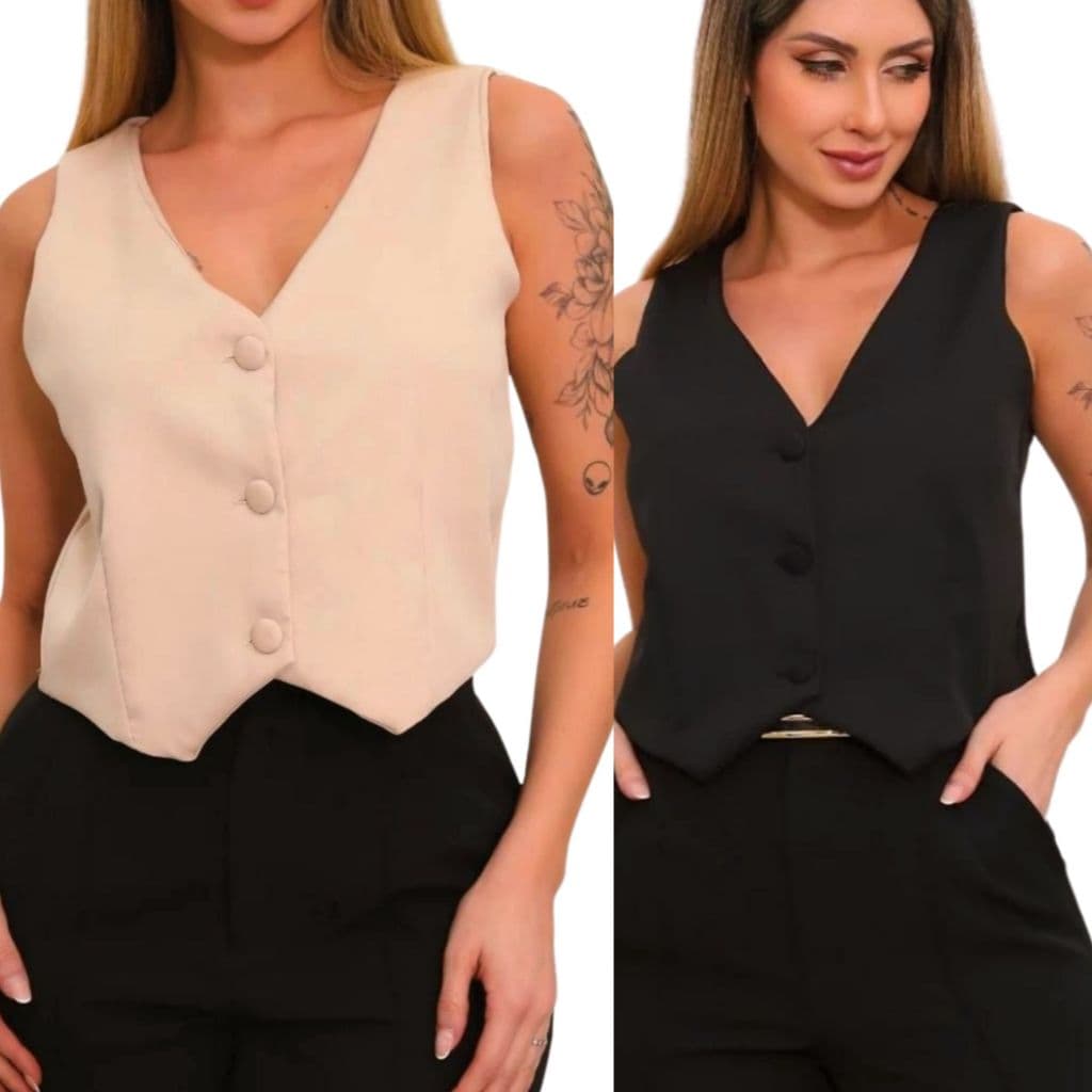 Kit 2 Coletinho Curto Feminino Forrado Alfaiataria C/ Botões Social Decote V Elegante Atacado