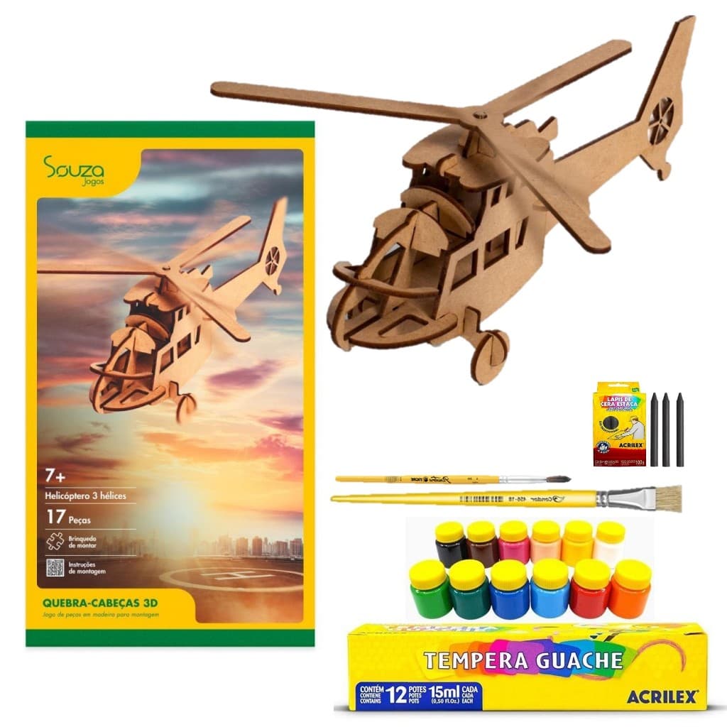 Quebra-cabeça Helicóptero 3 Hélices + 12 Tinta Guache E Giz