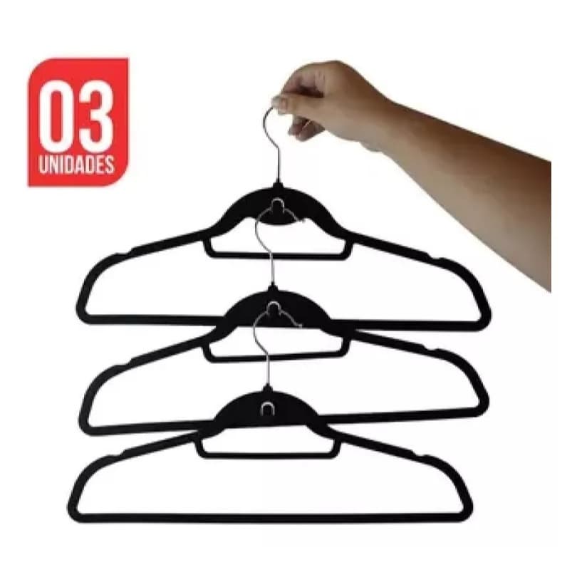 Kit 3 Cabides Veludo Preto Camisa Roupa Antideslizante Slim