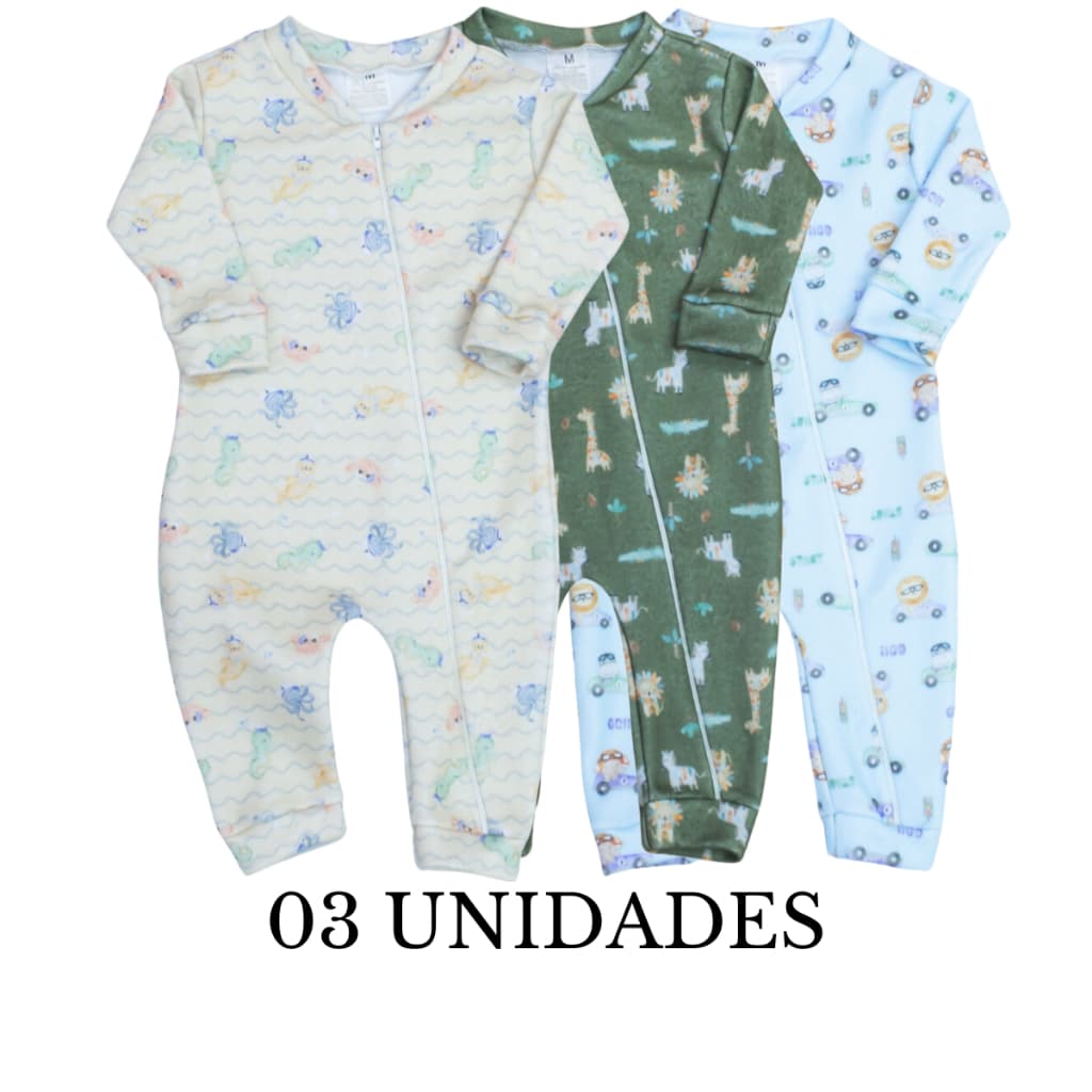 Combo Macacão Bebê Menino 03 Peças Soft Estampado com Zíper Macio Quente Kit Macacao Frio Pijama
