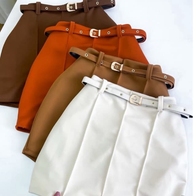 Short Saia Feminino Estiloso Neoprene Com Cinto Tendência Verão 2024-PROMOÇÃO cores candy coler