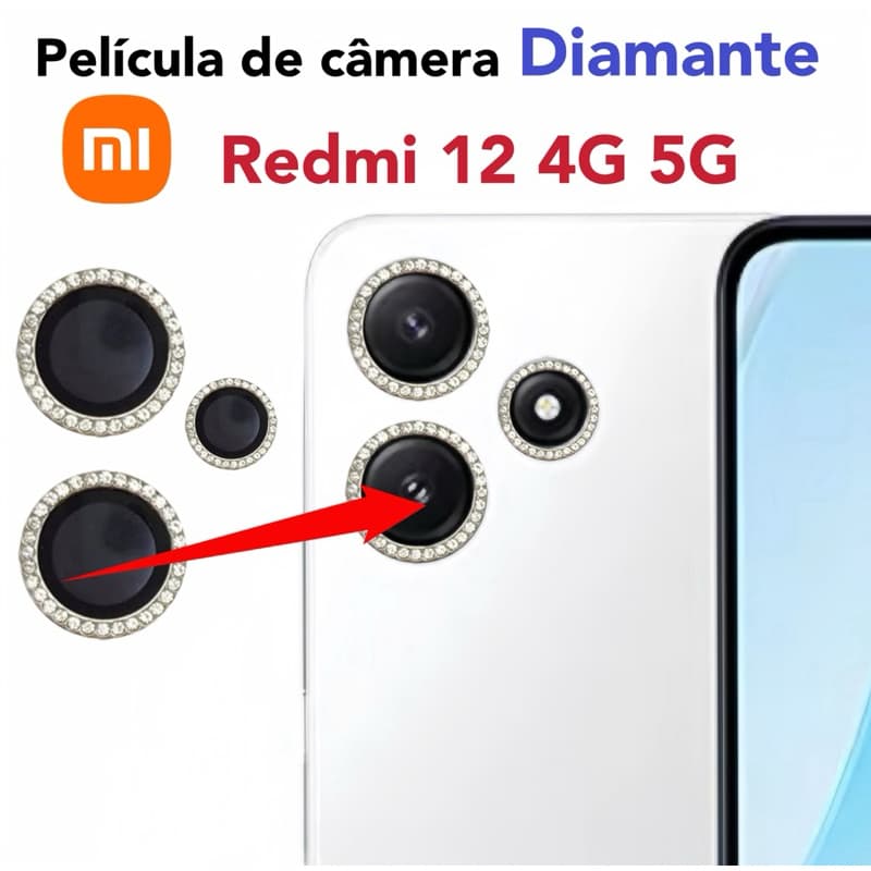 KIT 3 peças Películas de câmera Diamante Para Xiaomi Redmi 12 4G 5G  Película protege completa com Strass Brilho