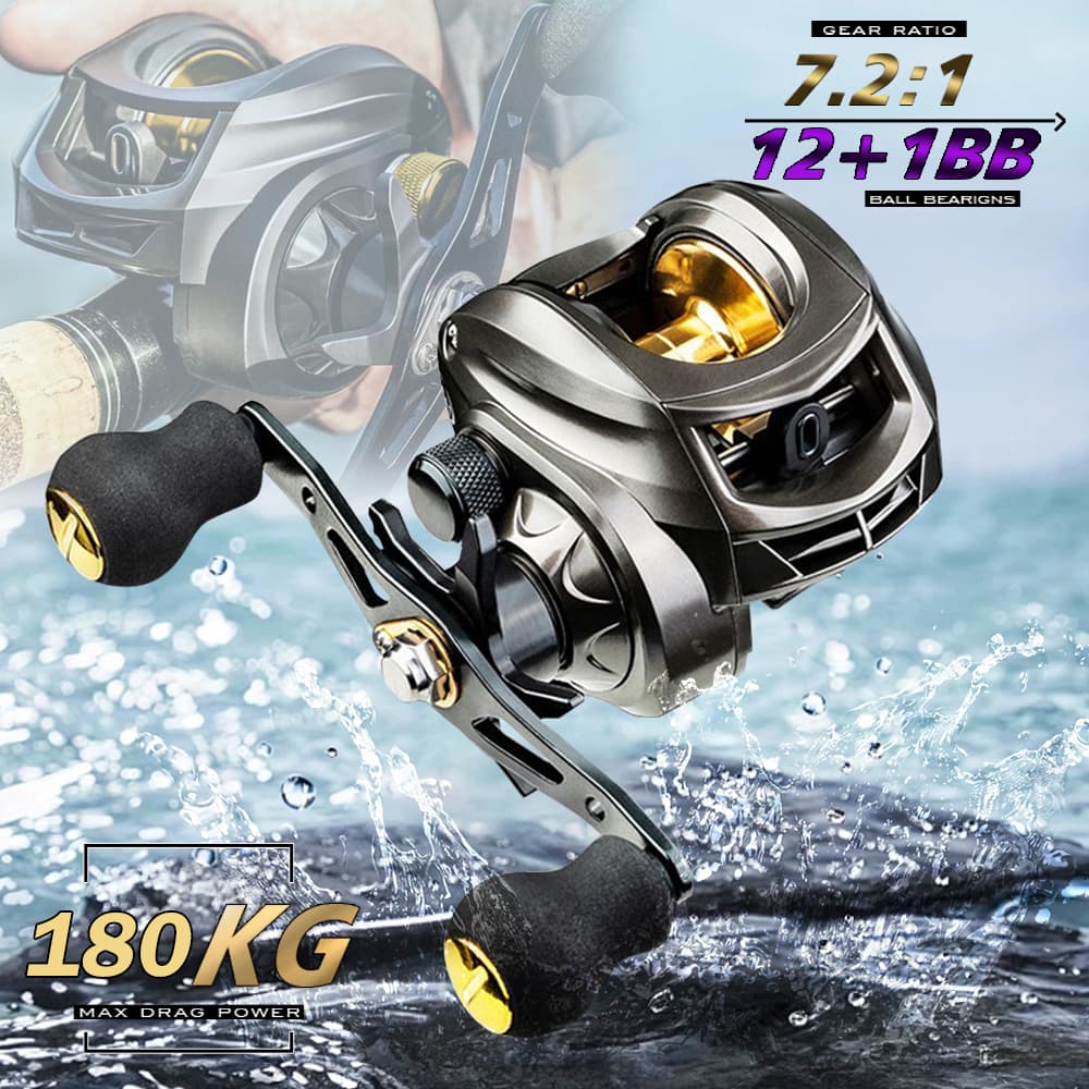 Carretel De Pesca Metálico AK2000 Pitching 7.2 : 1 Alta Velocidade 180kg Max Golden Grey Drag Água Salgada Com Isca Mão
