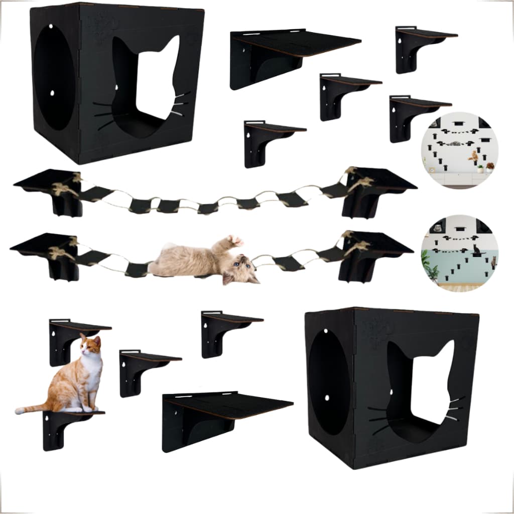 Playground Arranhador Gatos Kit Mdf com Carpete Nicho Praleiras Em Preto