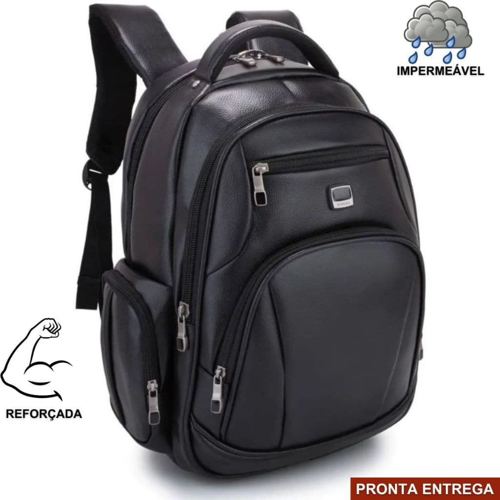 Mochila de Couro Preta Grande Média Notebook Escolar Masculina/Feminina