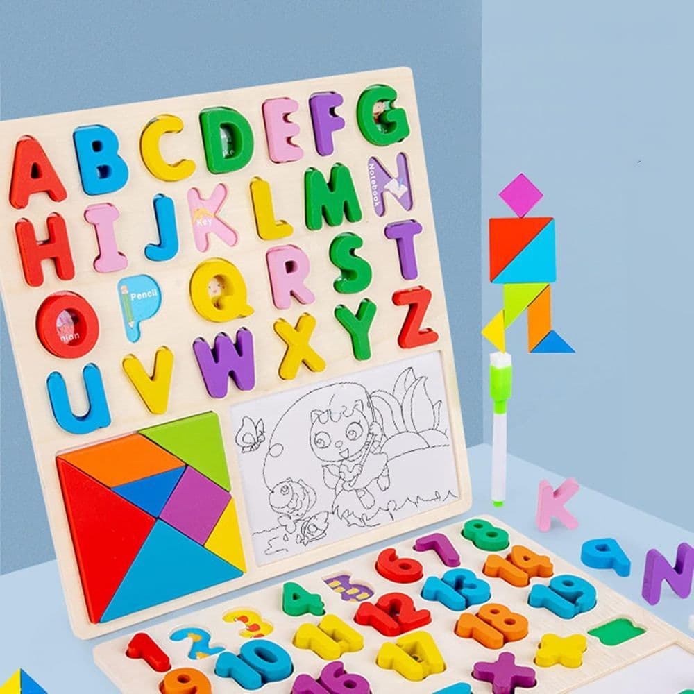 Tabuleiro Educativo Pedagógico Montessori Encaixe Números e Letras Com Quadro Caneta para Desenhar