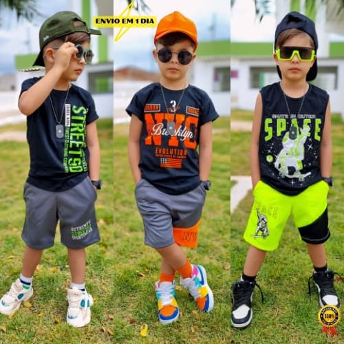 Roupa Infantil de Menino Conjunto Masculino Camisa e Bermuda Verao Algodão e Moletinho