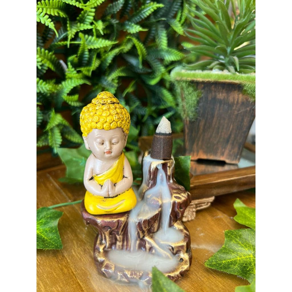 Incensário Efeito Cascata de Fumaça Buda Amarelo Decoração