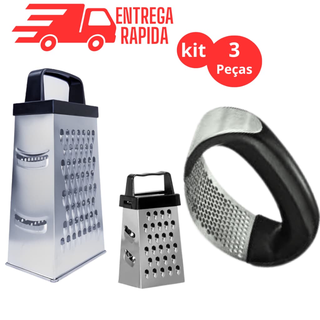 KIT RALADOR MINI RALADOR AMASSADOR DE ALHO 3 PEÇAS UTENSÍLIO DE COZINHA