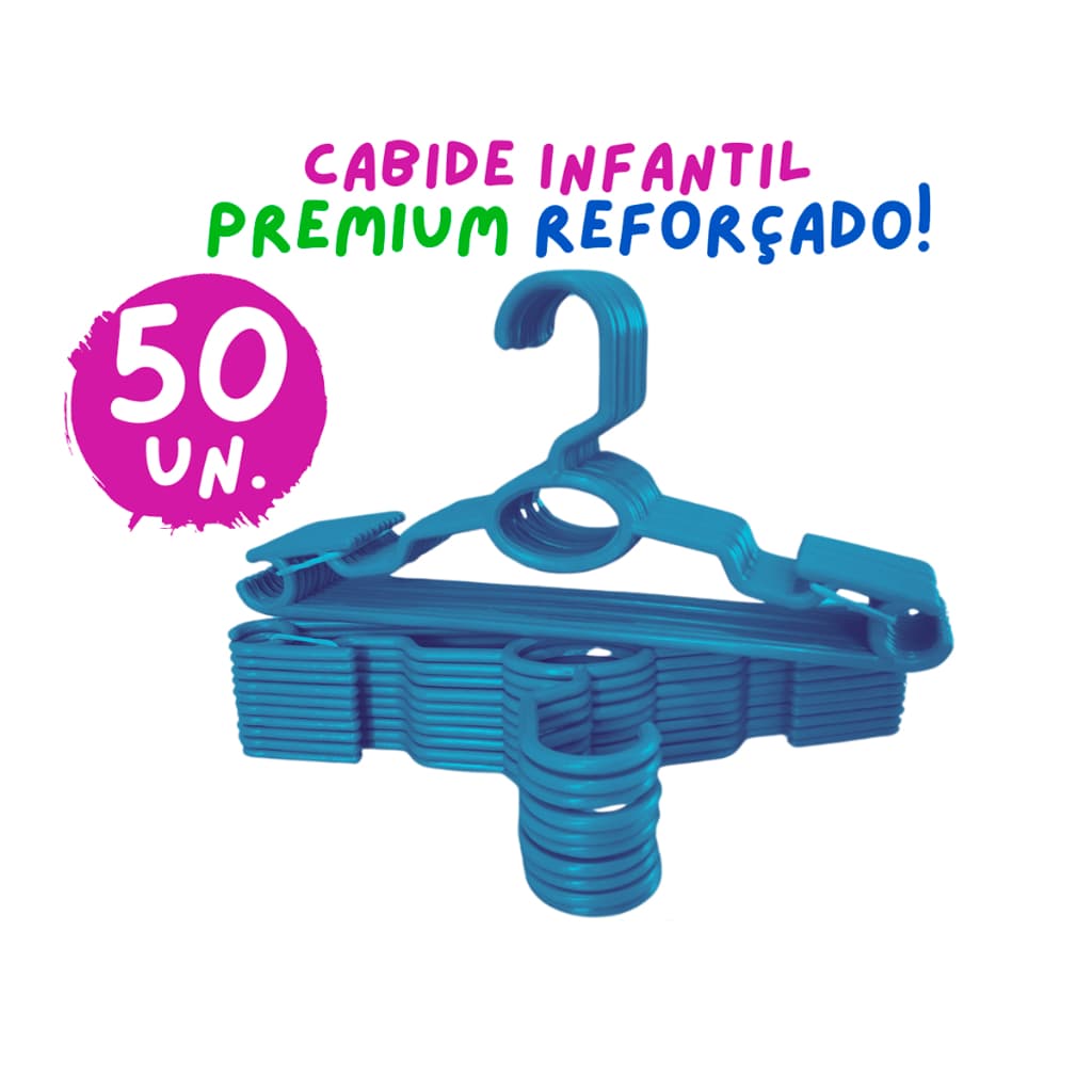 Kit 50 Cabides Infantil Bebê Baby Reforçado Azul Plástico Cruzeta Roupa Resistente Premium
