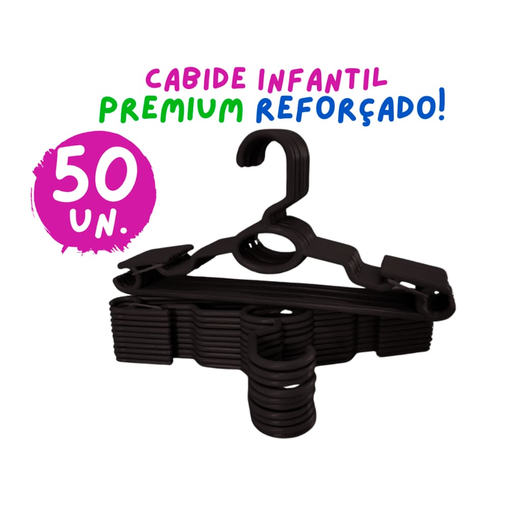 Kit 50 Cabides Infantil Bebê Baby Reforçado Preto Plástico Cruzeta Roupa Resistente Premium