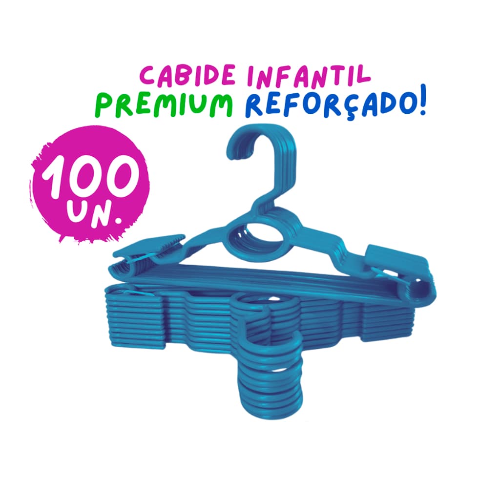 Kit 100 Cabides Infantil Bebê Baby Reforçado Azul Plástico Cruzeta Roupa Resistente Premium