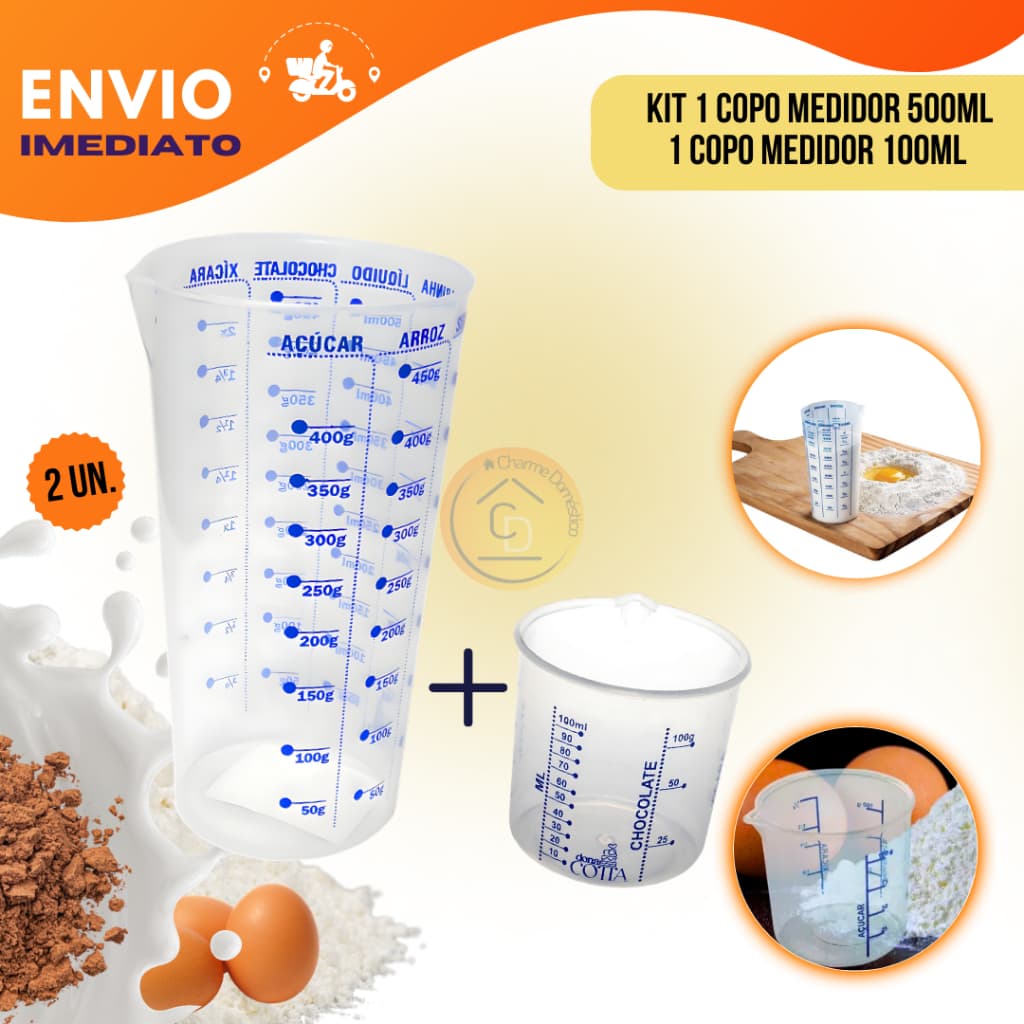 Kit 1 Copo Medidor de Precisão de 500ml + 1 Copo Medidor de Precisão 100ml de Cozinha Utensílios Plástico Medidor de Líq
