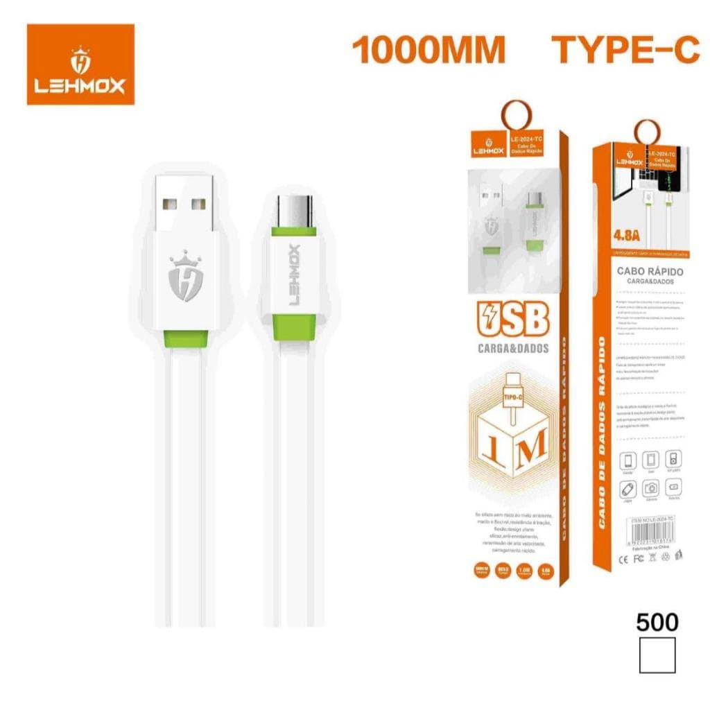 Cabo usb C 4.8a turbo para celular carga e dados 1 metro LEHMOX varejo/atacado com NF