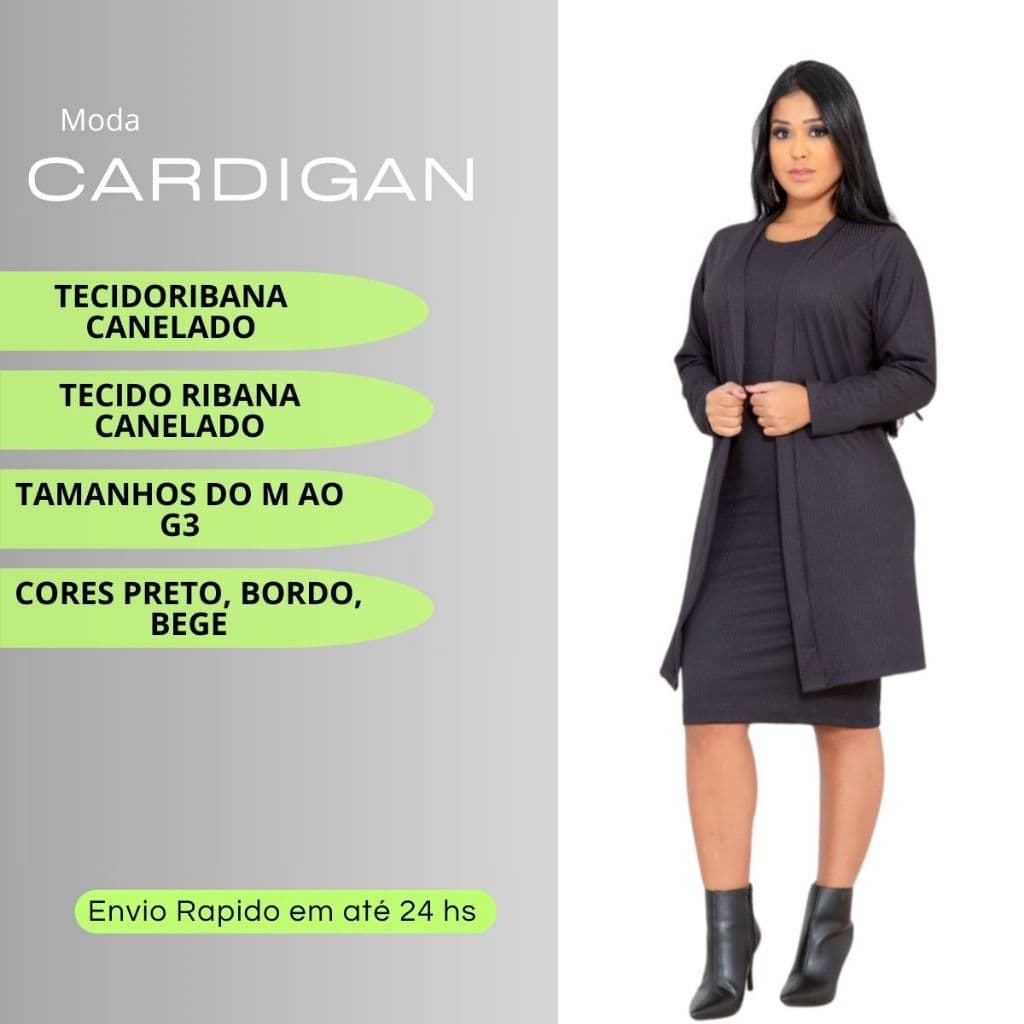 Blusa Cardigans Preto Tecido Ribana Tamanhos do M ao G3