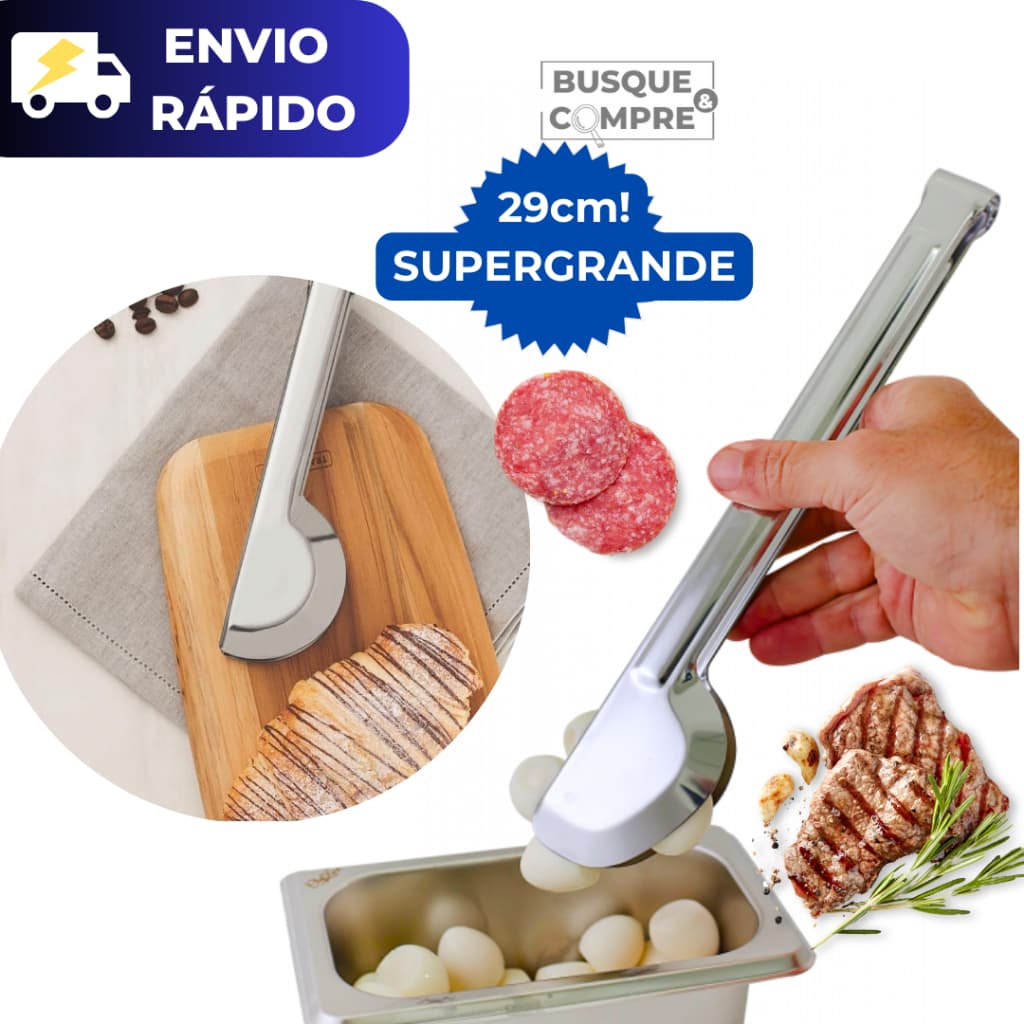 Pegador Universal Grande de Aço Inox 29cm Massa Churrasco Petiscos Salame Salada Carne de Massas