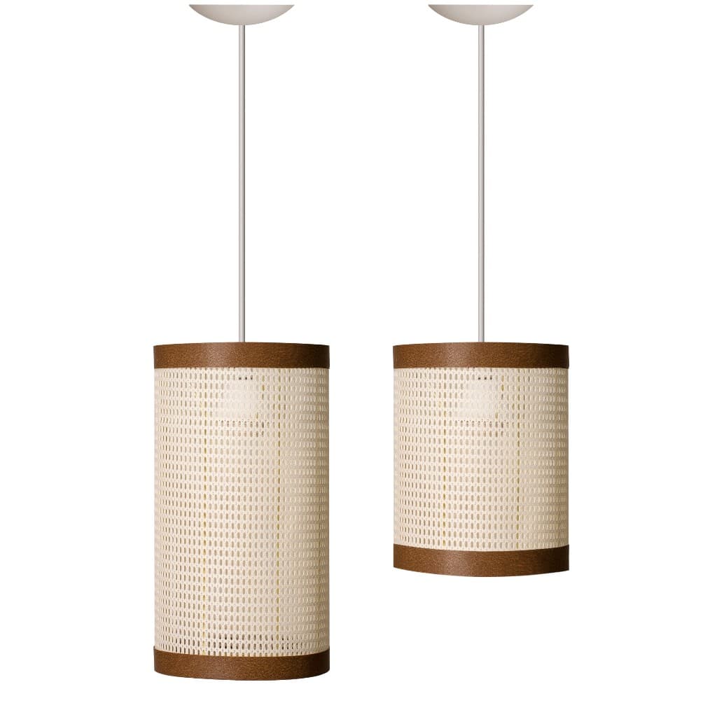Kit Pendente Lustre Teto Rústico Corino Amadeirado Tela Rattan Indiana Decoração Quarto Sala