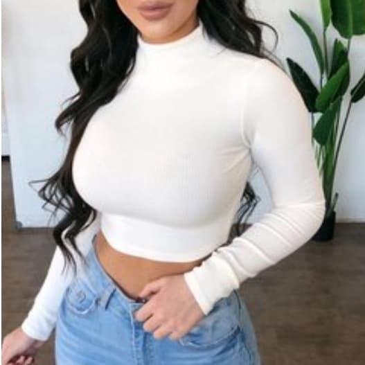 Cropped Feminino Gola Alta Manga Longa canelado