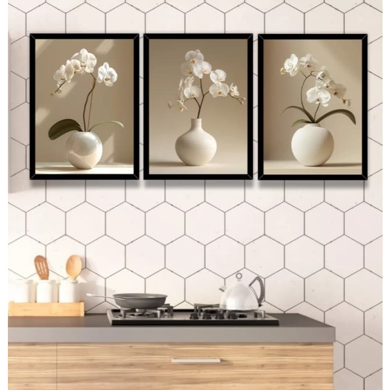 Kit 3 Peças Quadro Decorativo Orquídeas Brancas Boho Sala Quarto Hall Copa Feito Para Sua Decoração