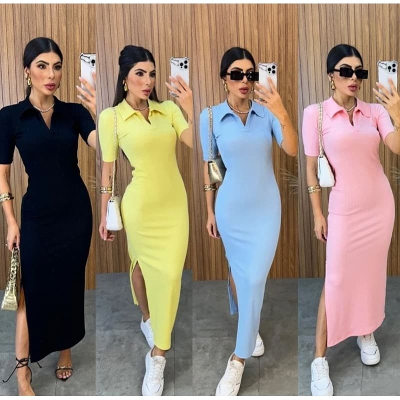 Vestido feminino gola Polo longo colado manga curta