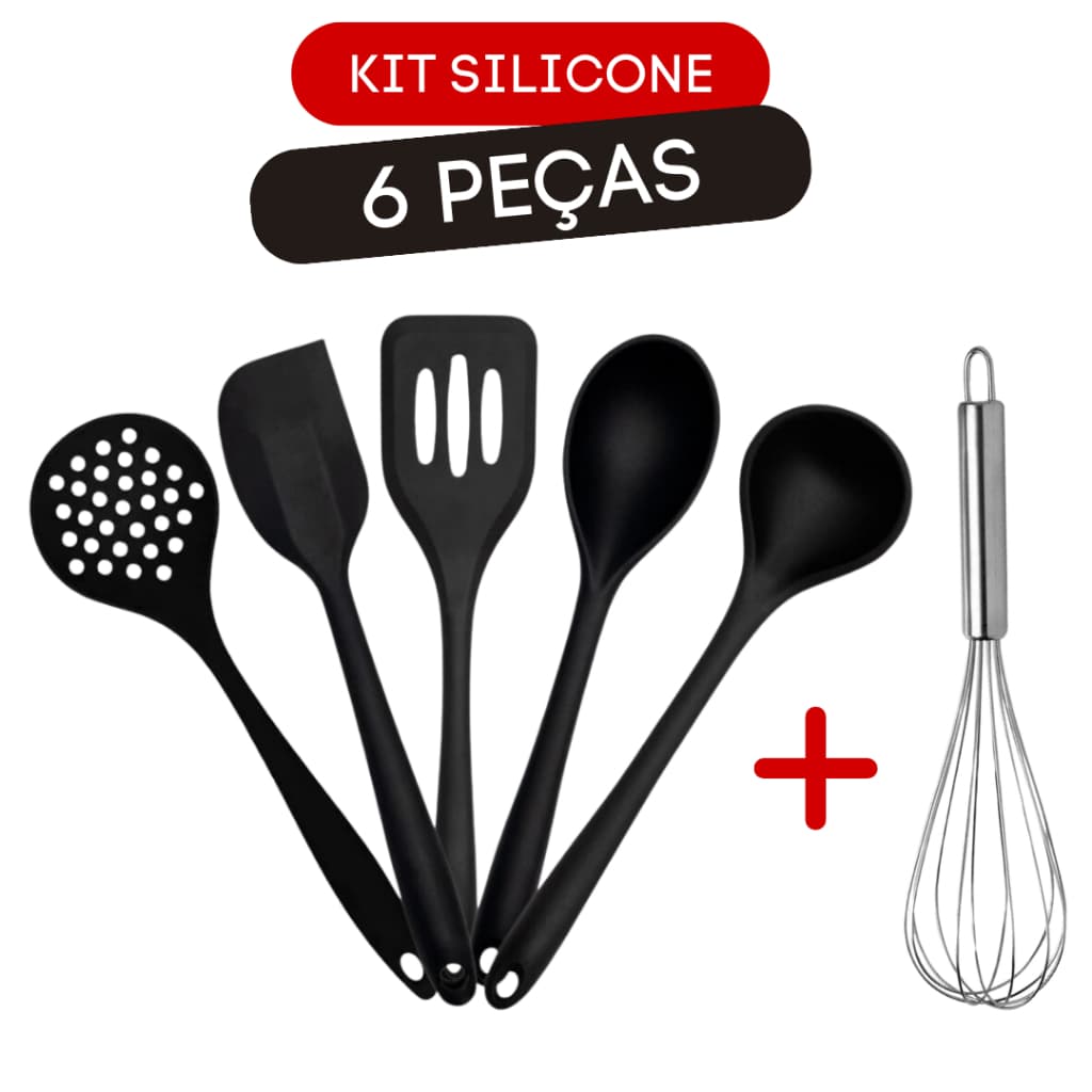 Kit 5 Utensílios Silicone Cozinha Vermelho Preto 1 Batedor Ovos Inox Grande 30cm