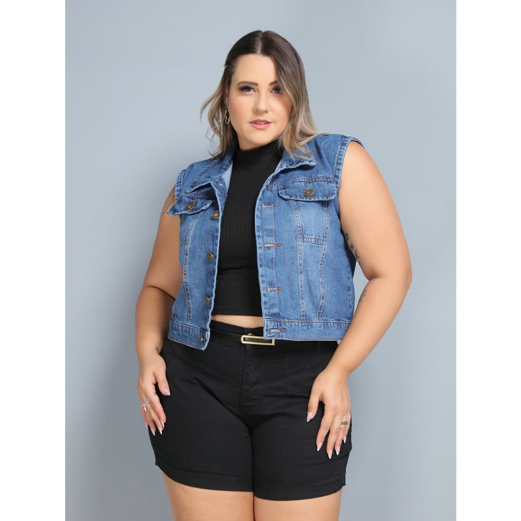 Colete Curto Jeans Feminino Plus Size Vintage Super Estiloso Luxo