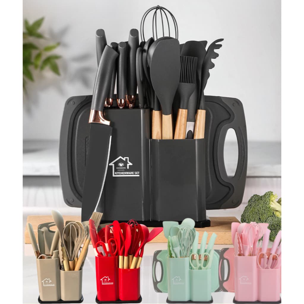 Kit Completo Jogo Utensílios de Cozinha Luxo 19 Peças Com Tábua em Silicone Espátula Faca Tesoura