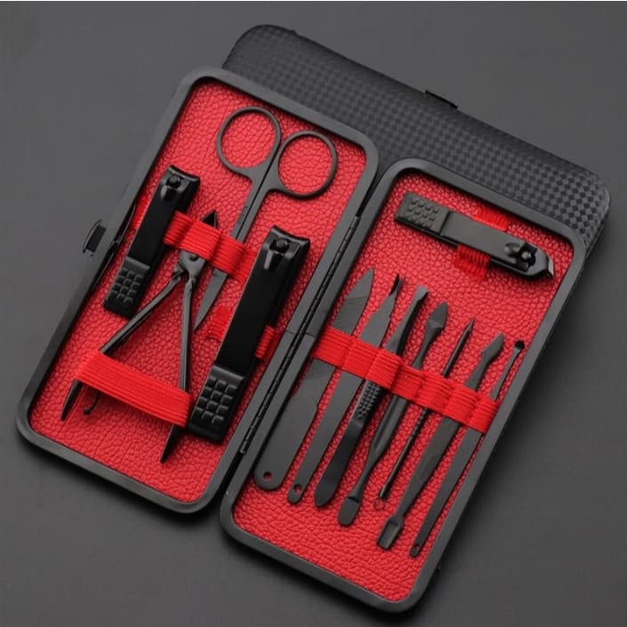 Novo conjunto de ferramentas para manicure preta: 12 peças em aço inoxidável com cortador de unhas e estojo de PU alice bijou