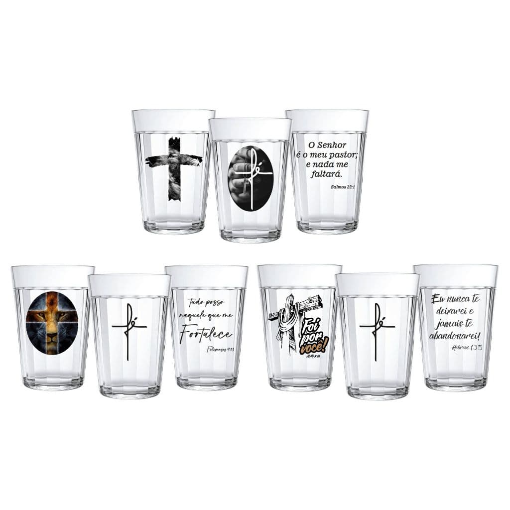 Kit 3 Copos Vidro Americano 190ml Versículo da Bíblia Diversos Religioso Gospel Leão Fé Presente