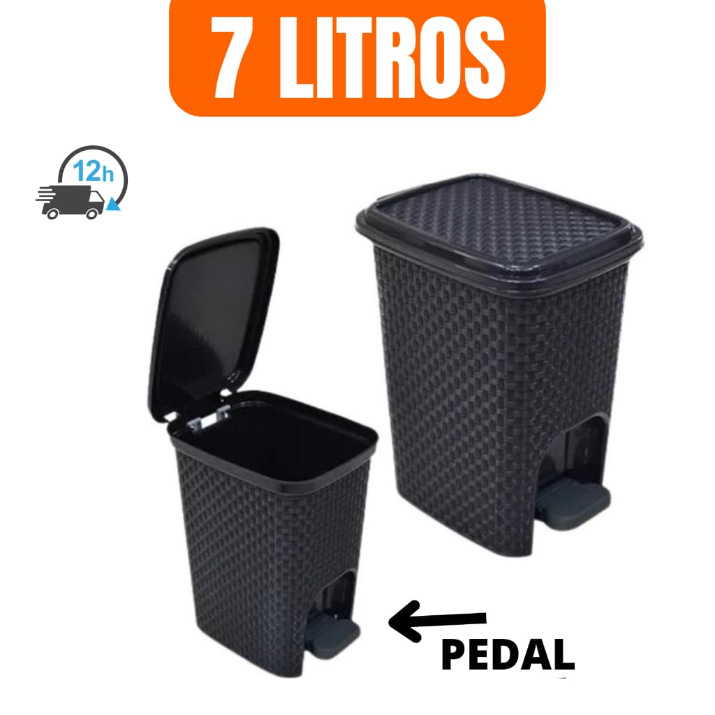 Lixeira Cesto Com Pedal 7 Litros Com Tampa Preto Rattan Casa Escritório Banheiro Cozinha Resistente