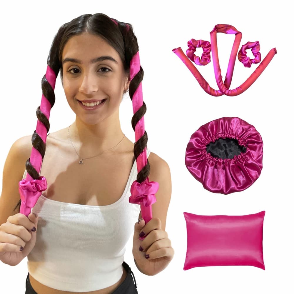 KIT 5 PEÇAS MODELADOR DE CACHOS SEM CALOR TOUCA DE CETIM ANTIFRIZZ COM AJUSTE  FRONHA DE CETIM SUAVE